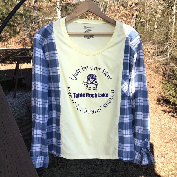 Reworked Flannel Tee, S-M: Table Rock Lake Lightweight Upcycled Shirt Remake - Picture 1 of 11